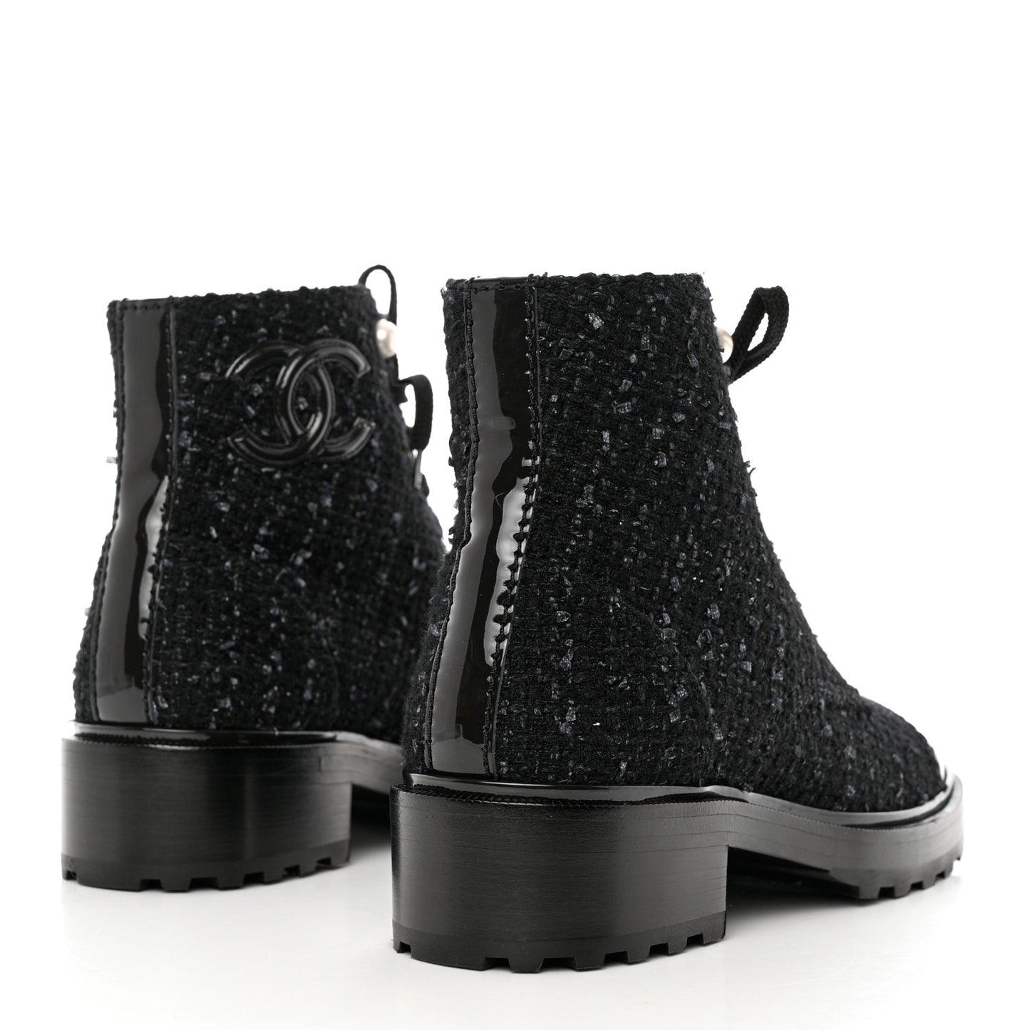 Tweed Patent Calfskin Pearl Combat Short Boots 39 Black Grey Blue