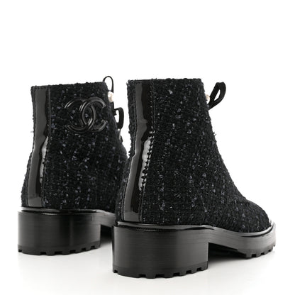 Chanel Tweed Patent Calfskin Pearl Combat Short Boots 39 Black Grey Blue 4 of 9
