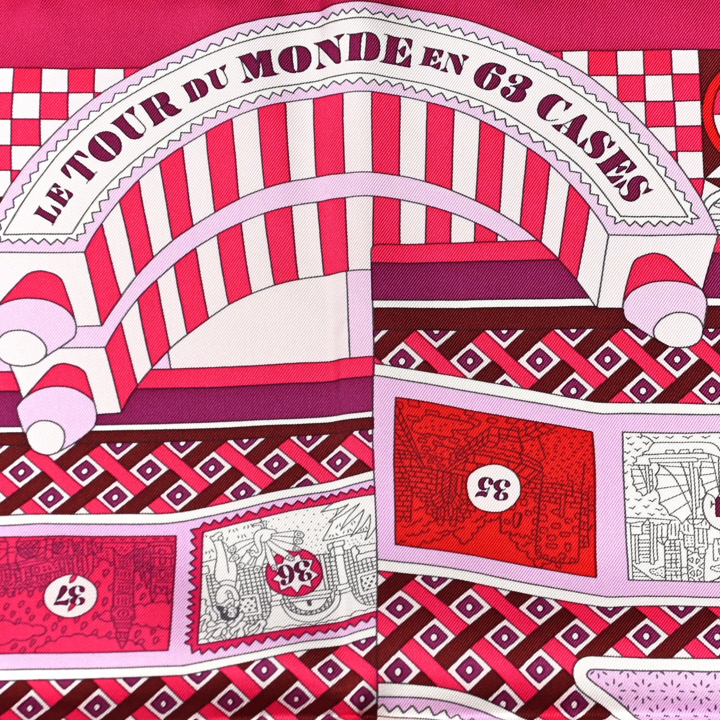 Silk Le Tour Du Monde En 63 Cases Scarf 90 Fuchsia Mauve White
