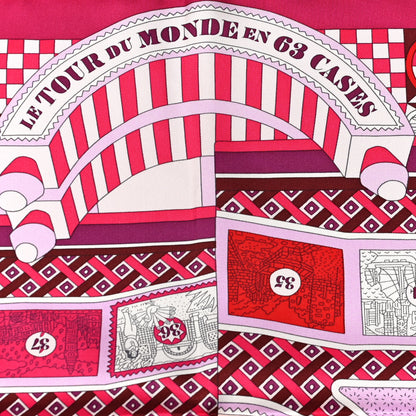 Hermes Silk Le Tour Du Monde En 63 Cases Scarf 90 Fuchsia Mauve White 5 of 5