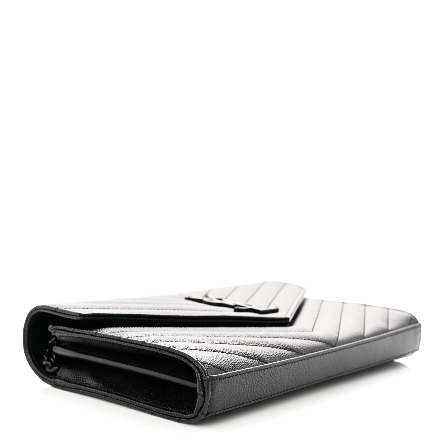 Saint Laurent Grain De Poudre Matelasse Chevron Monogram Monochrome Chain Wallet Black 4 of 14