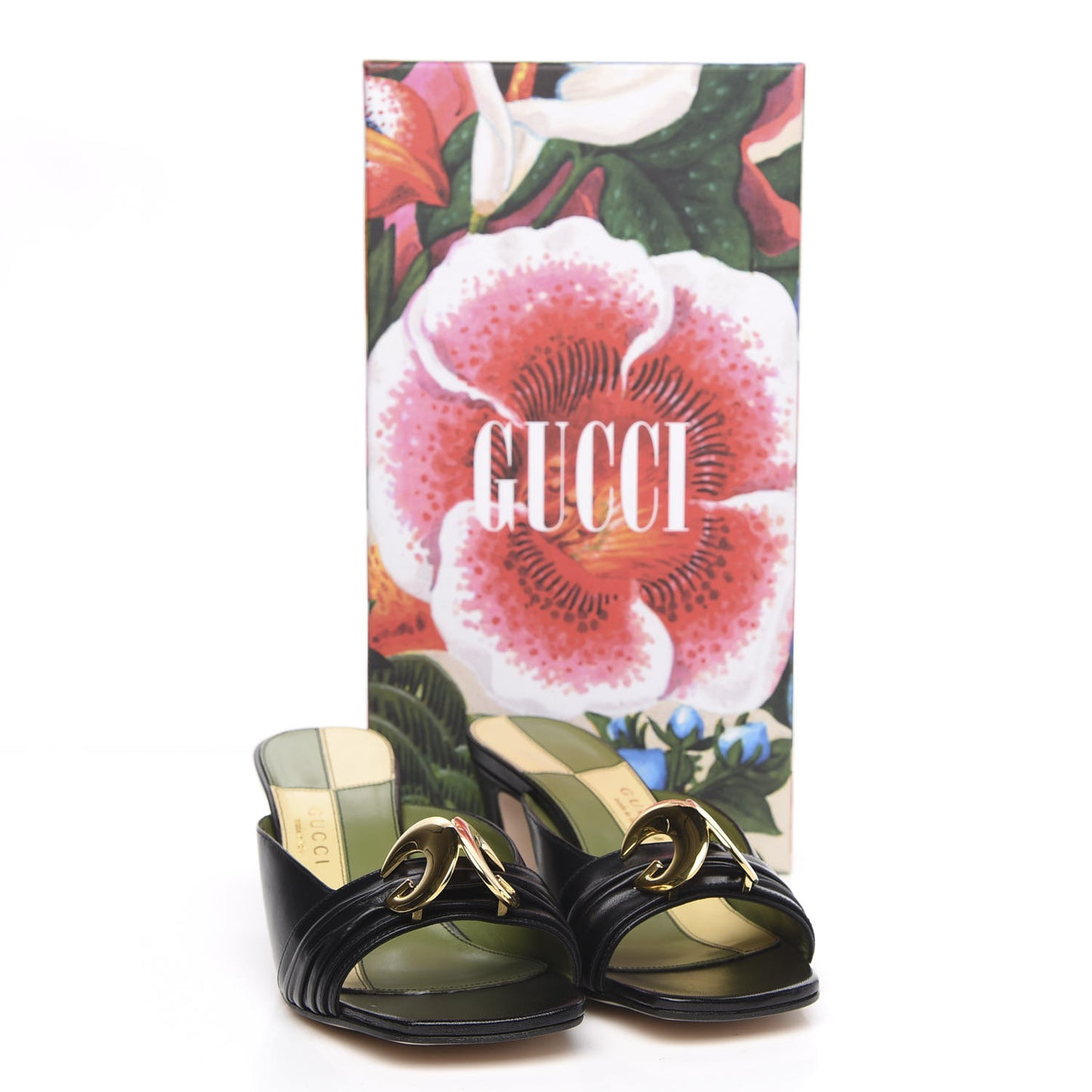 Calfskin Half Moon Mid Heel Slides 38 Black