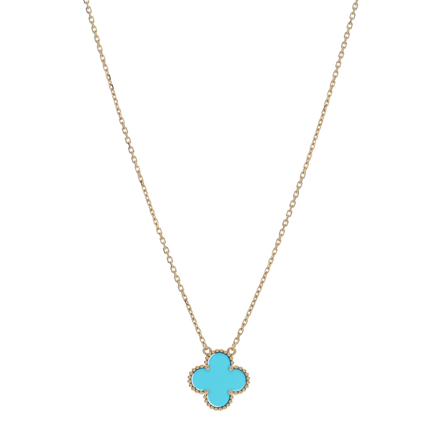 18K Yellow Gold Blue Agate Vintage Alhambra Pendant Necklace