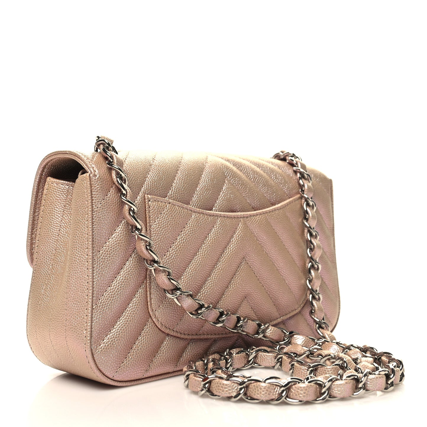 Iridescent Caviar Chevron Quilted Mini Rectangular Flap Light Gold