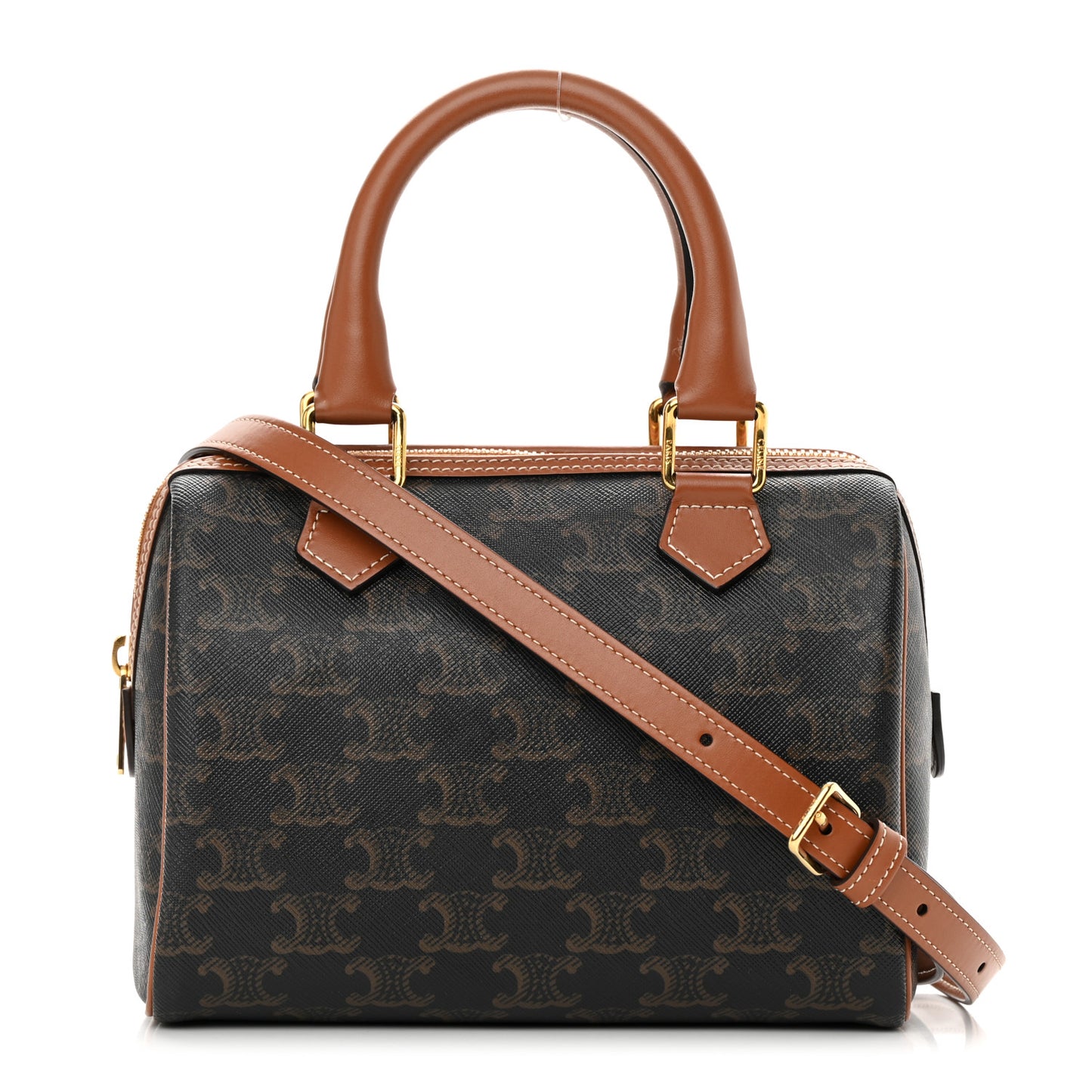 Triomphe Canvas Calfskin Small Boston Bag Tan