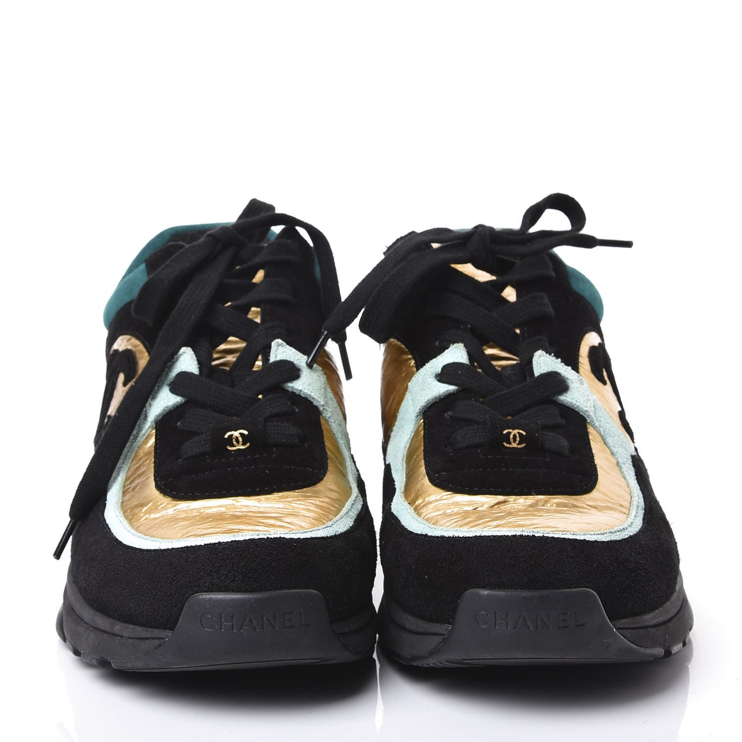 Fabric Calfskin Suede CC Womens Sneakers 38.5 Black Turquoise Gold