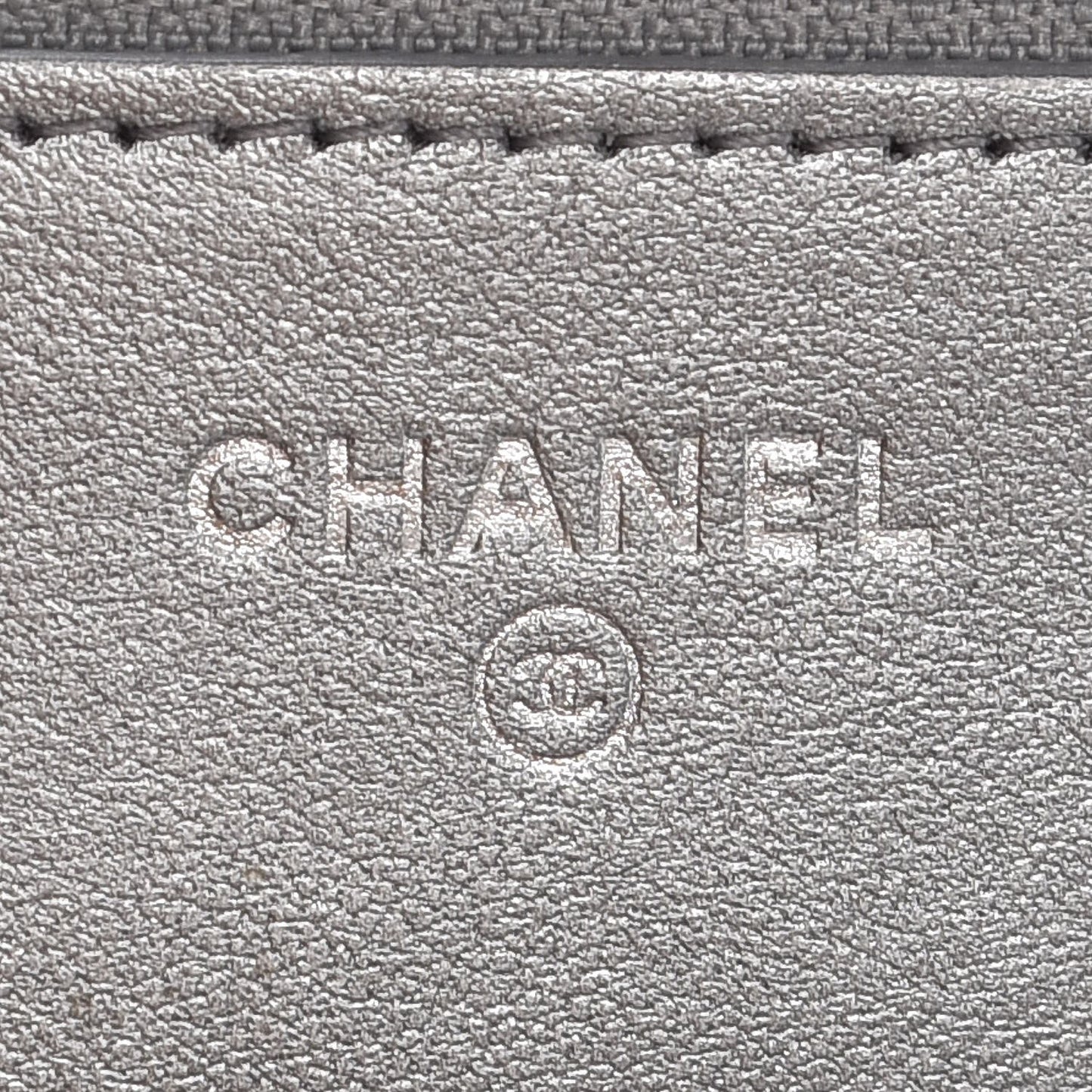 Patent Metallic Crumpled Calfskin Chevron Quilted Wallet On Chain WOC Silver