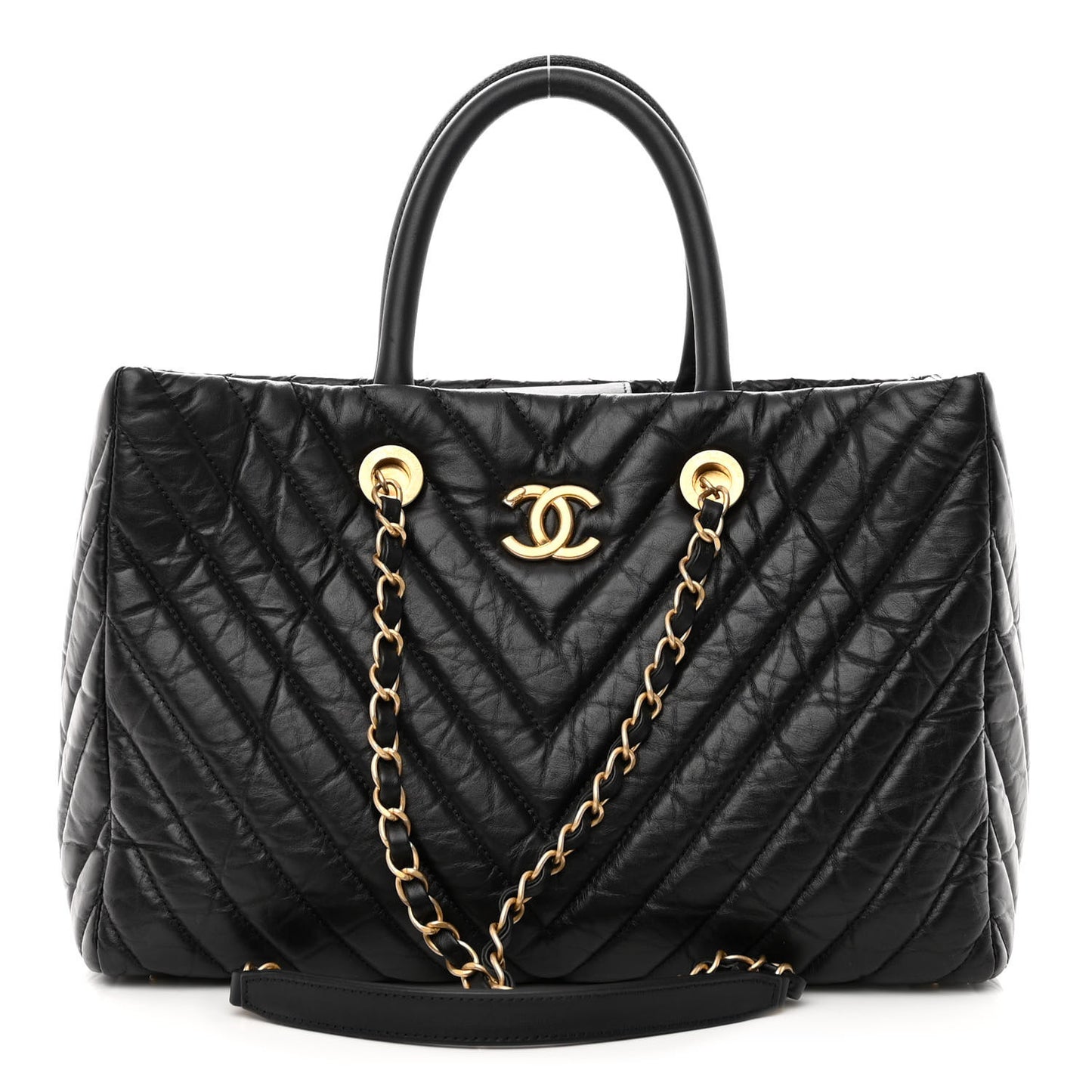 Aged Calfskin Chevron Coco Handle Shopping Tote Black