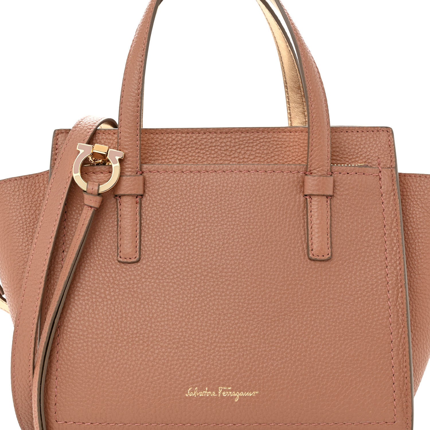 Salvatore Ferragamo Grained Calfskin Double Handle Small Amy Tote Beige Pink Gold 7 of 9