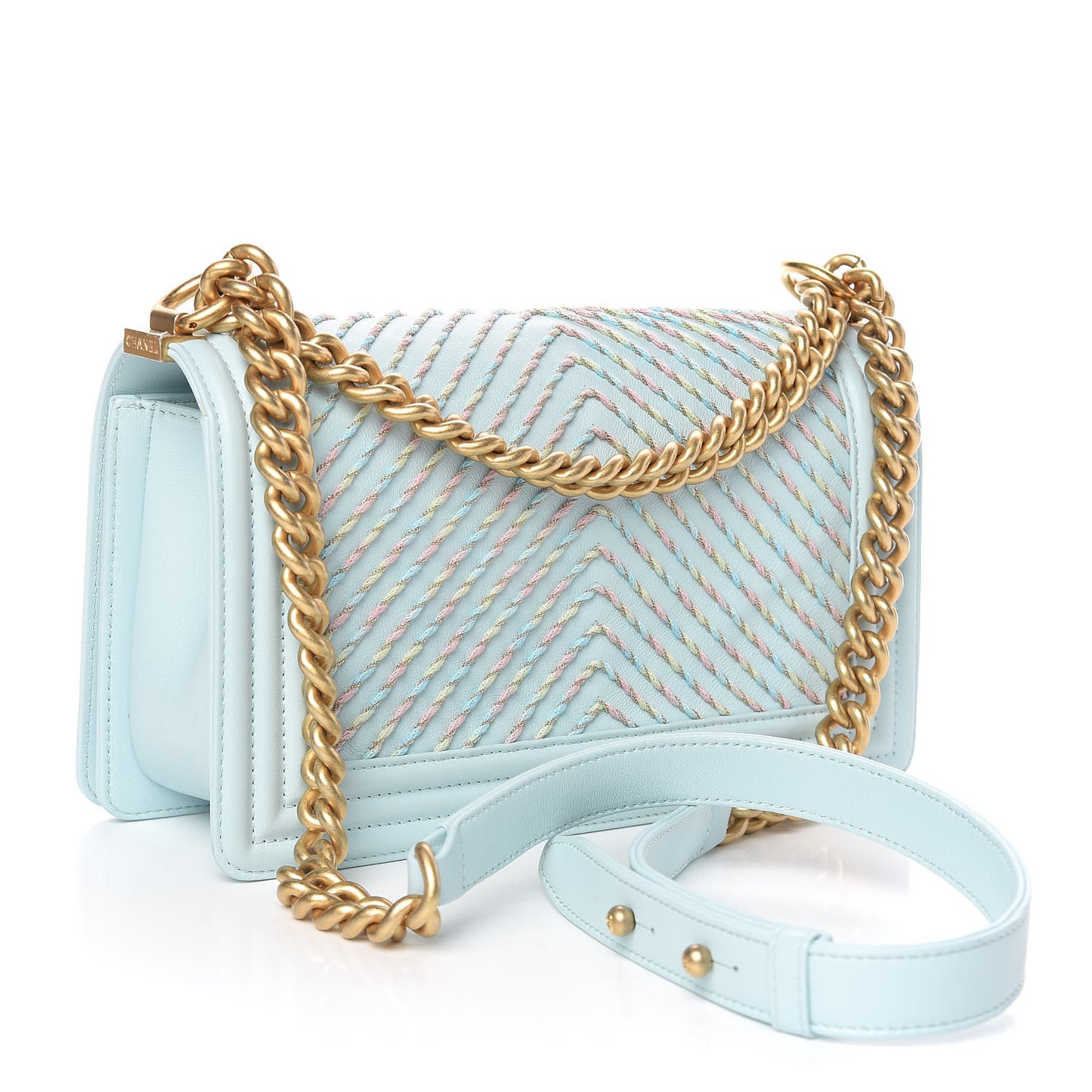 Calfskin Chevron Embroidered Medium Boy By The Sea Flap Light Blue