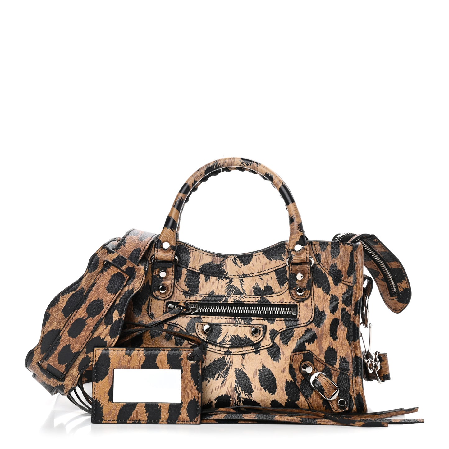 Smooth Calfskin Leopard Print Classic Silver Hardware Mini City Beige