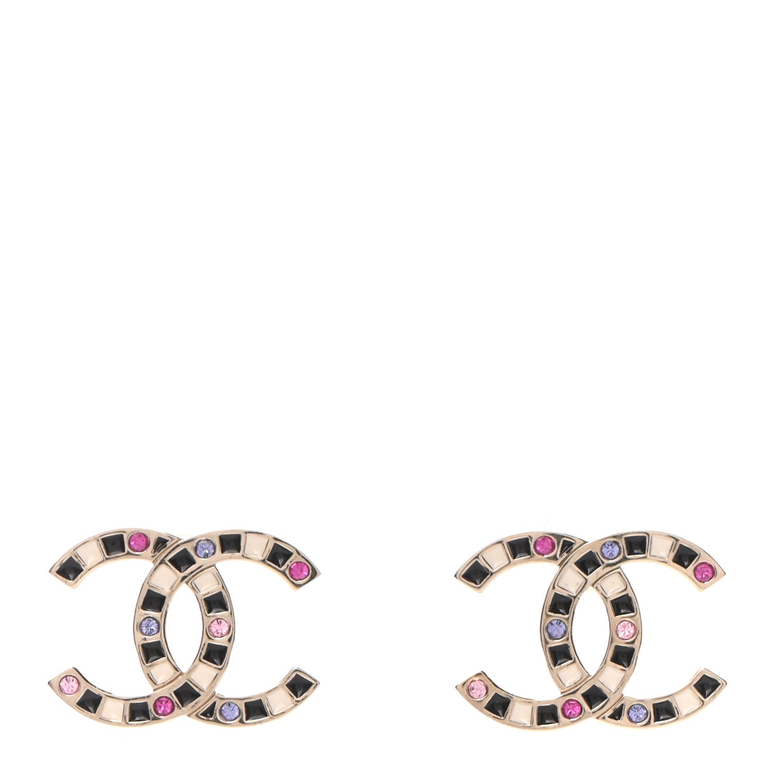 Chanel Crystal Enamel Large CC Earrings Gold Black White Pink 1 of 4