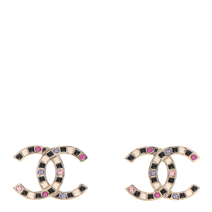 Chanel Crystal Enamel Large CC Earrings Gold Black White Pink 1 of 4