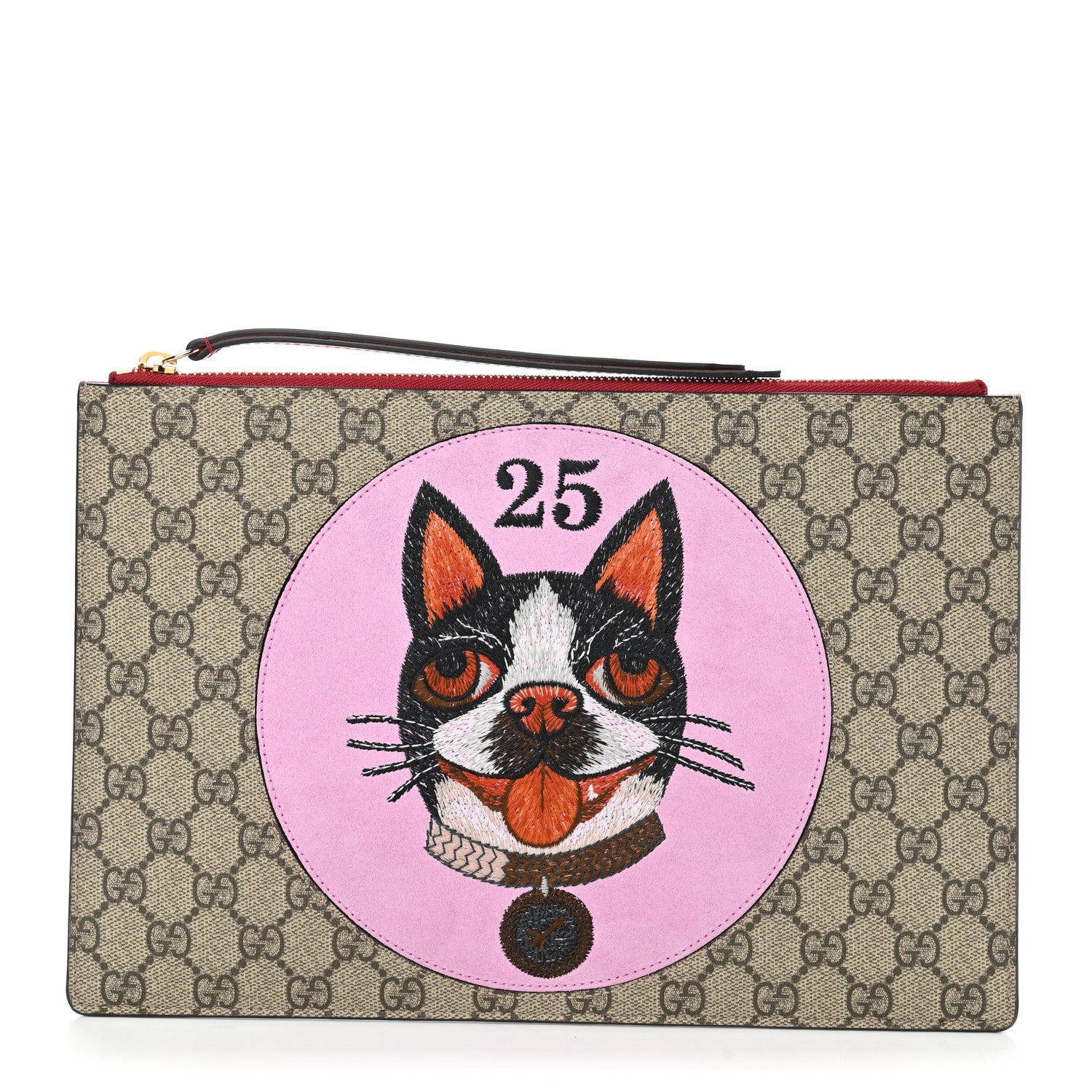 Gucci GG Supreme Monogram Bosco Patch Zip Pouch Beige Malva Hibiscus Red 1 of 8