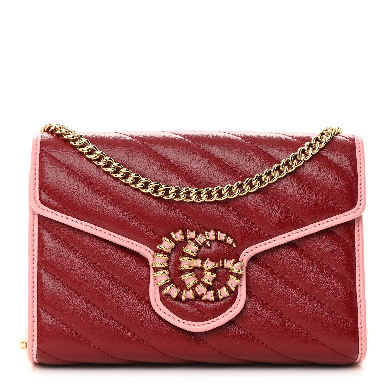 Gucci Azalea Calfskin Enamel Matelasse Diagonal Torchon GG Marmont Chain Wallet New Cherry Red Wild Rose 1 of 14