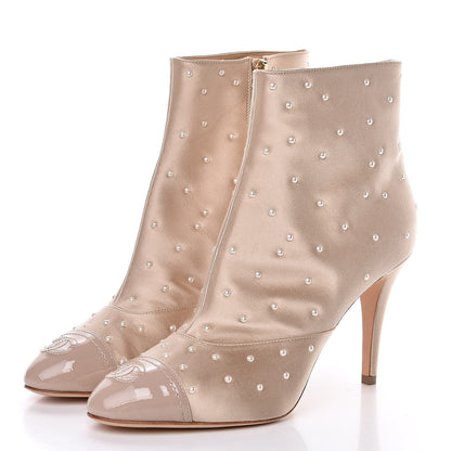 Chanel Satin Pearls Cap Toe Short Boots 40 Light Gold 3 of 9