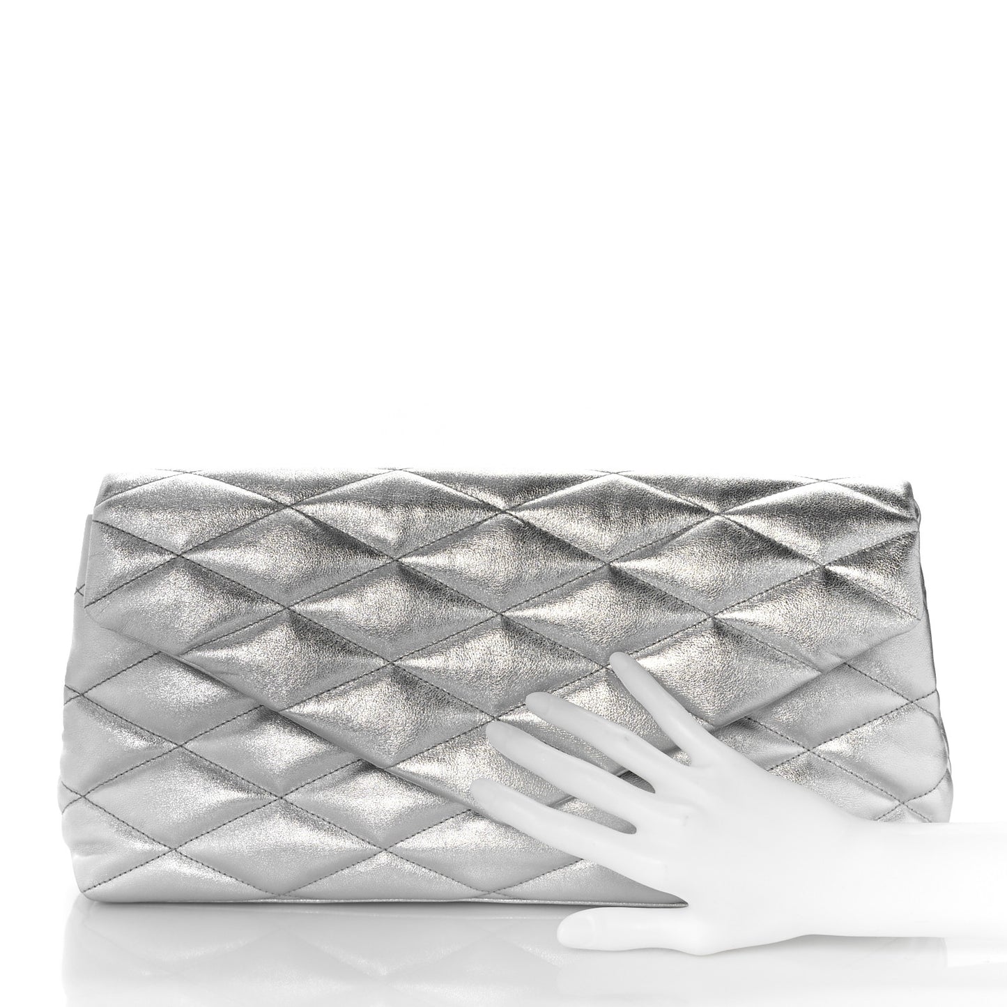 Metallic Lambskin Quilted Sade Puffer Envelope Clutch Argento
