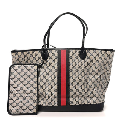 Gucci GG Supreme Monogram Textured Dollar Calfskin Web Large Ophidia Tote Beige Blue 3 of 12