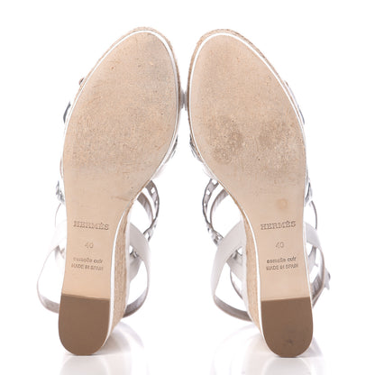 Hermes Metallic Nappa Amarres Wedge Espadrille 40 White Gris Argente 5 of 10