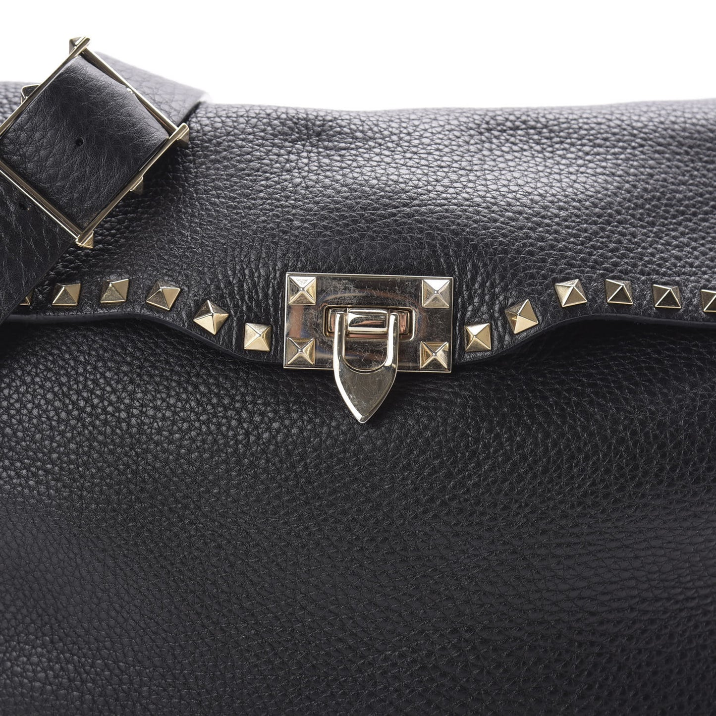 Pebbled Calfskin Rockstud Flip Lock Flap Messenger Satchel Black