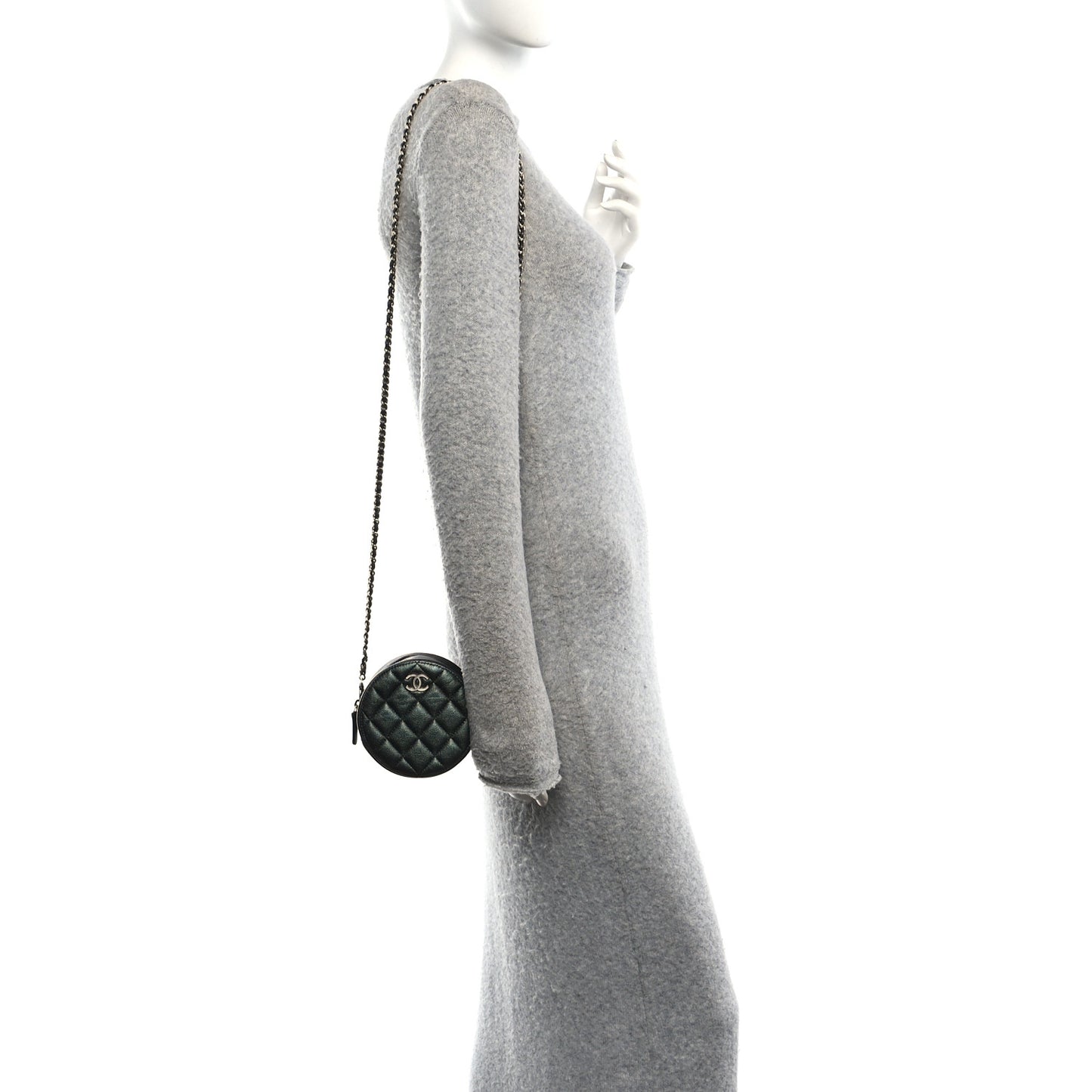 Iridescent Caviar Quilted Round Clutch With Chain Black