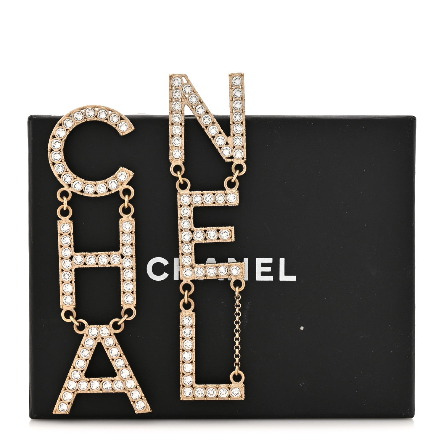 Chanel Crystal Cha-Nel Logo Drop Earrings Gold 6 of 6