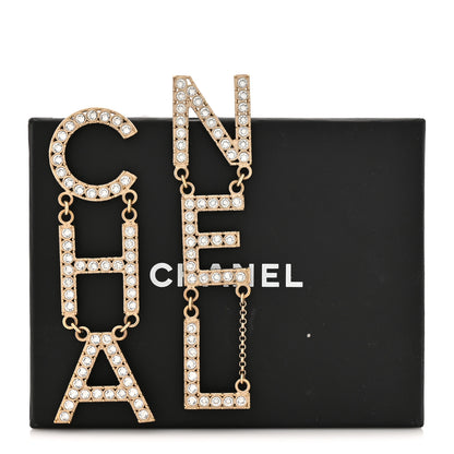 Chanel Crystal Cha-Nel Logo Drop Earrings Gold 6 of 6