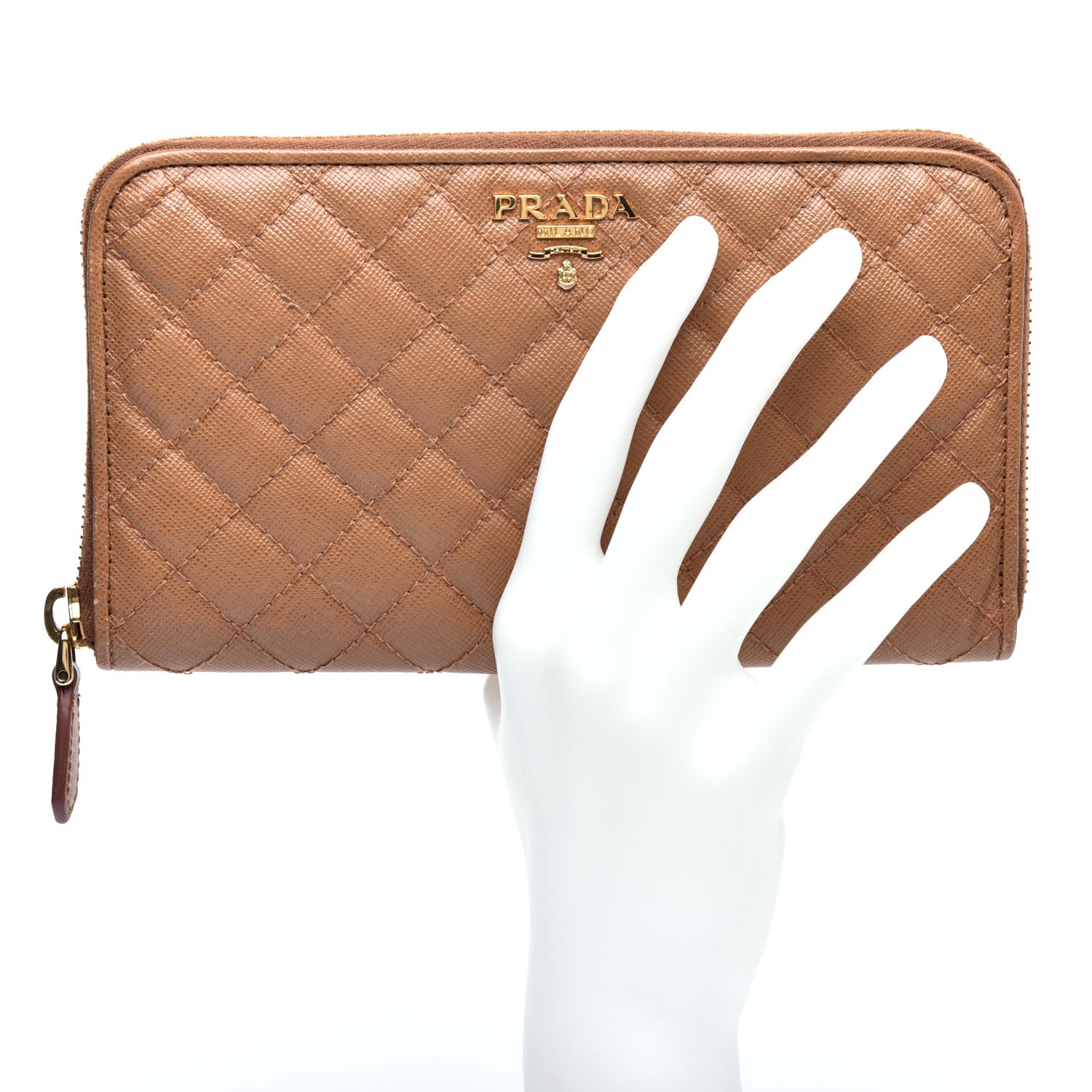 Prada Saffiano Quilted Zip Around Wallet Caramel 2 of 7