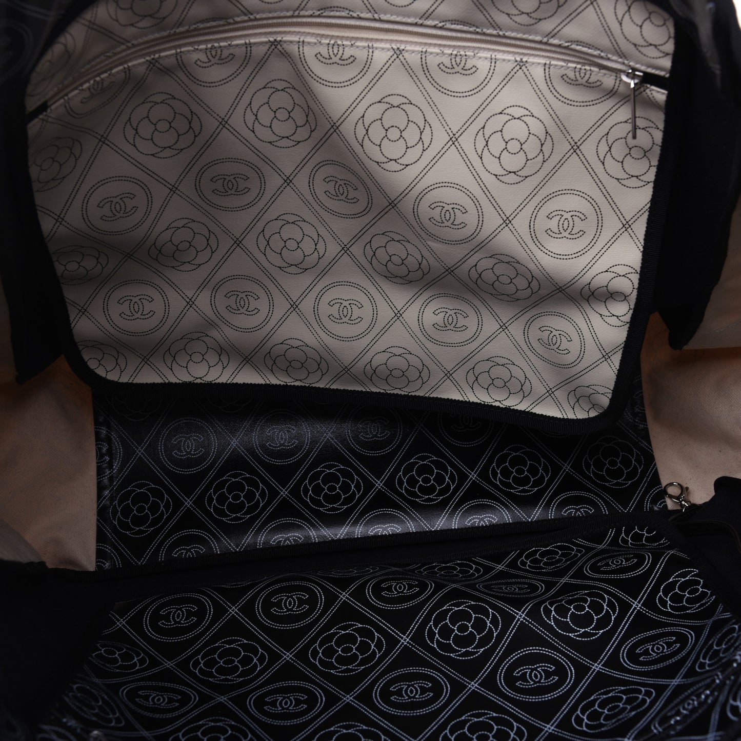 Coated Canvas Camellia Large Shopping Tote Black Beige
