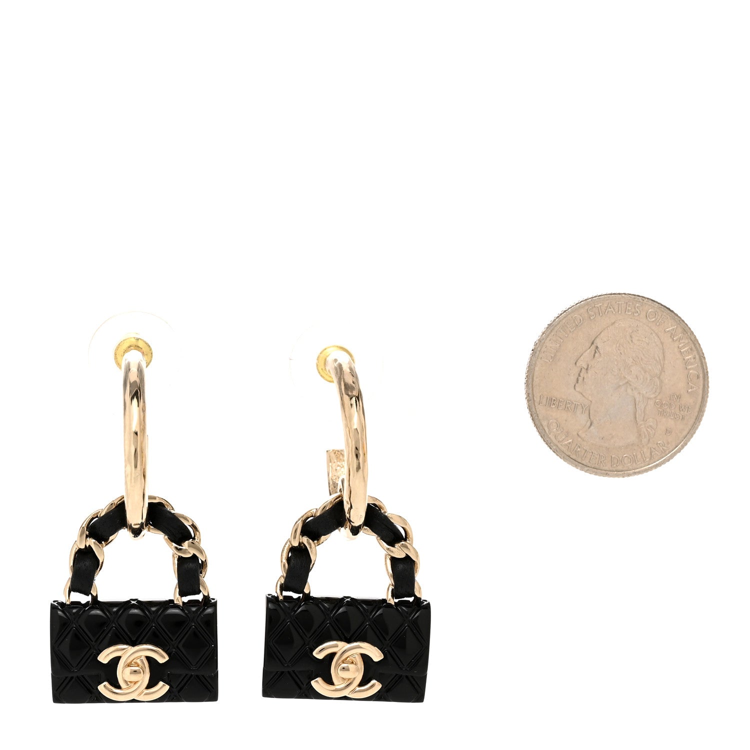 Chanel Metal Resin Lambskin Quilted CC Turnlock Chain Flap Bag Hoop Earrings Black Gold 2 of 5