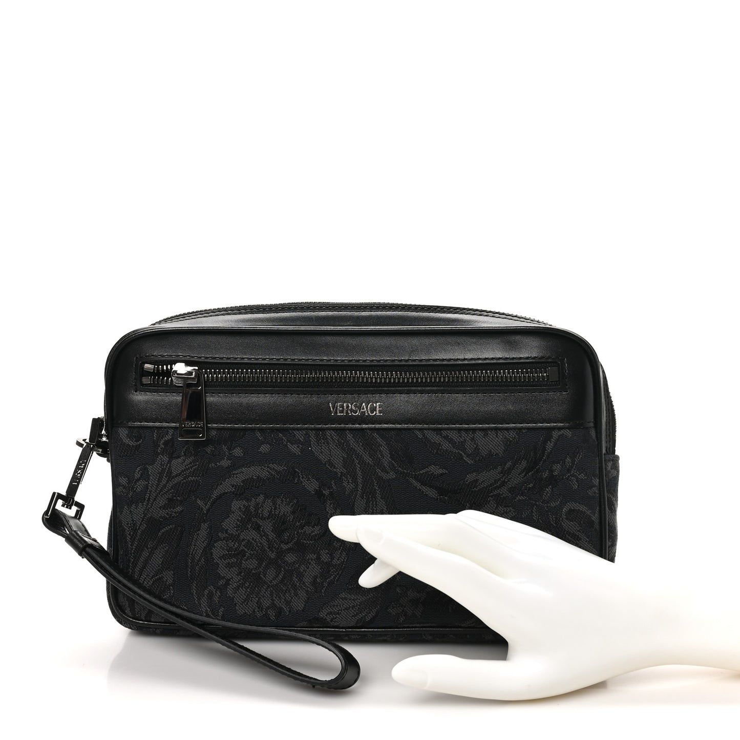 Fabric Jacquard Calfskin Barocco Wristlet Pouch Black