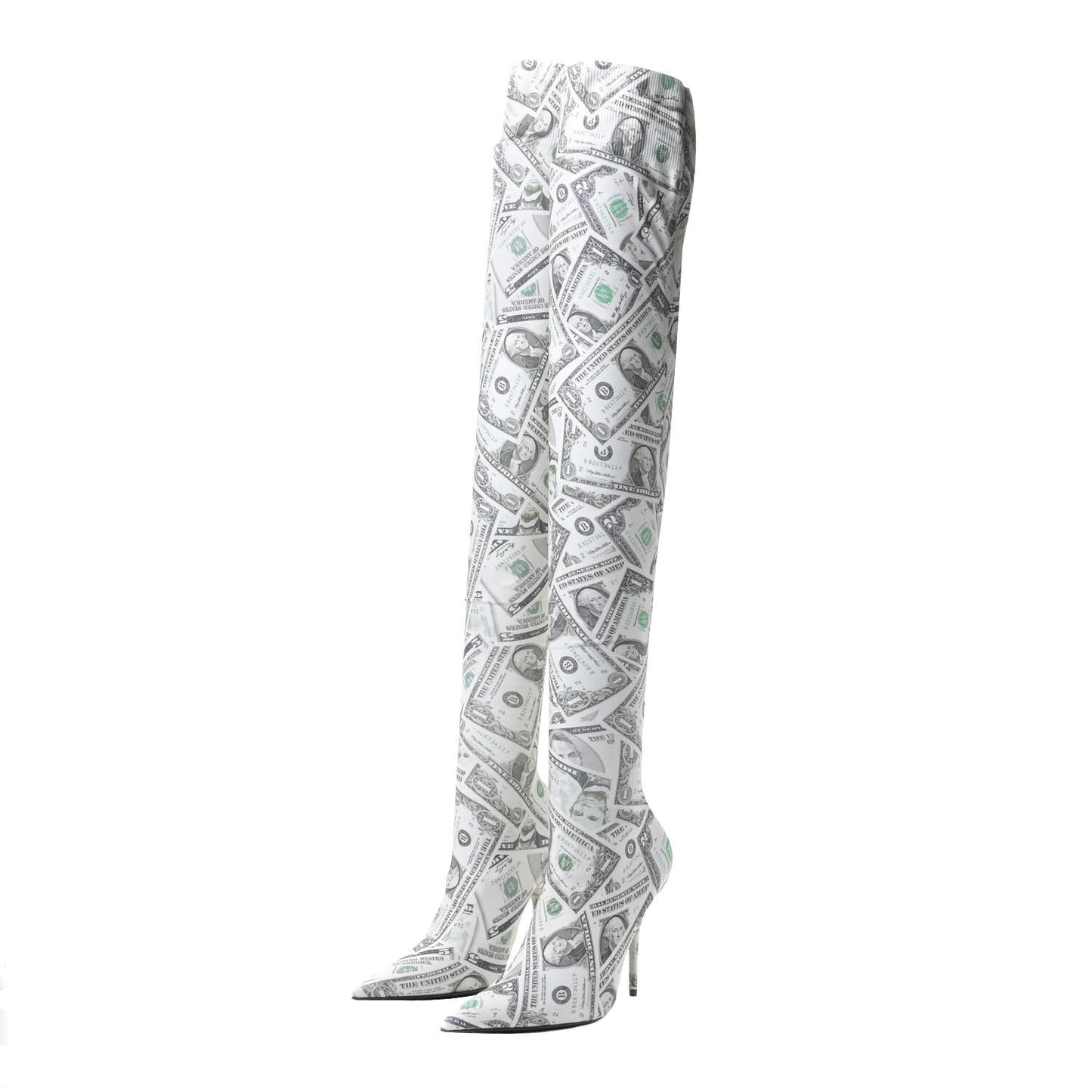 Dollar Printed Spandex Toe Knife Thigh High Boots 38 Vert