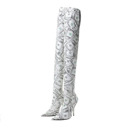 Balenciaga Dollar Printed Spandex Toe Knife Thigh High Boots 38 Vert 2 of 13