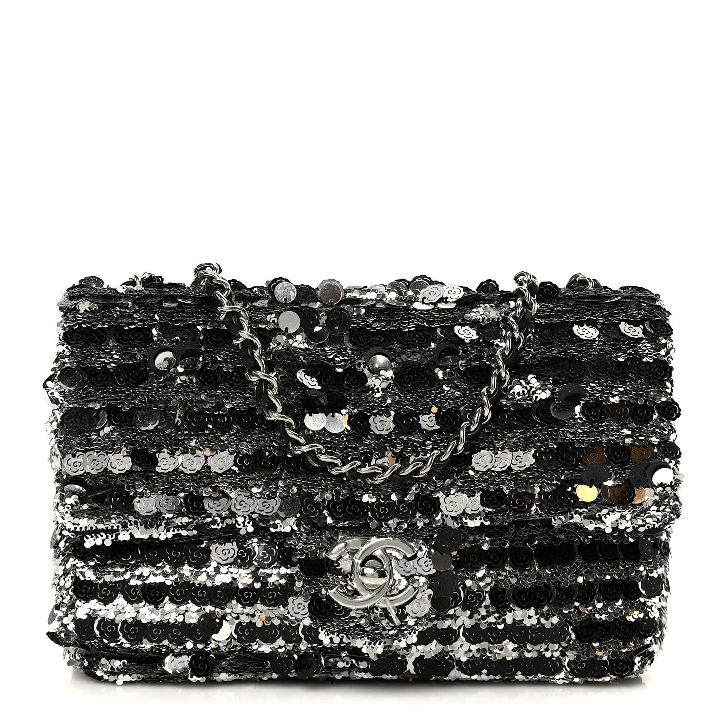 Sequin Camellia Small Single Flap Silver Black