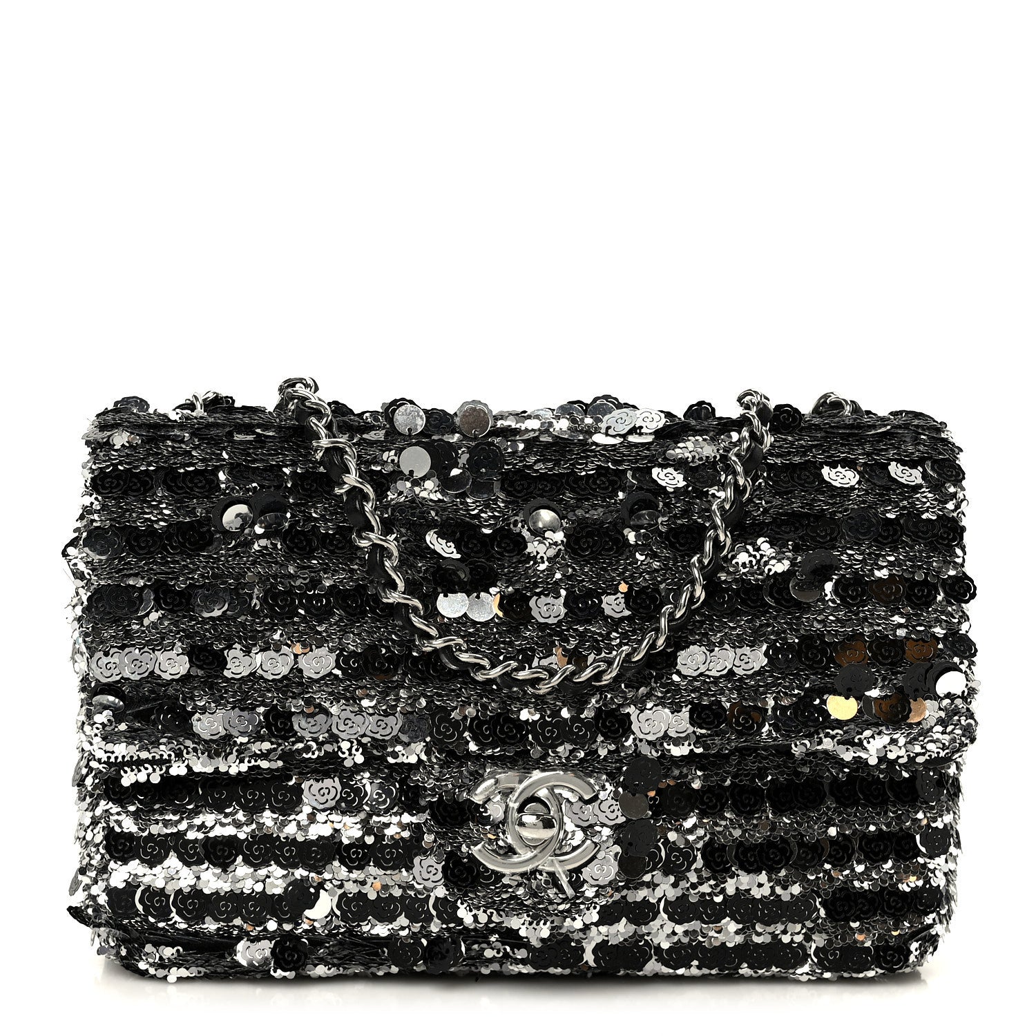 Chanel Sequin Camellia Small Single Flap Silver Black 1 of 12