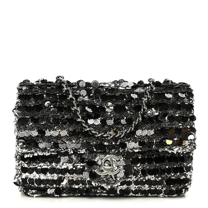 Chanel Sequin Camellia Small Single Flap Silver Black 1 of 12