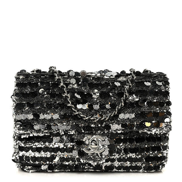 Chanel Sequin Camellia Small Single Flap Silver Black 1857603