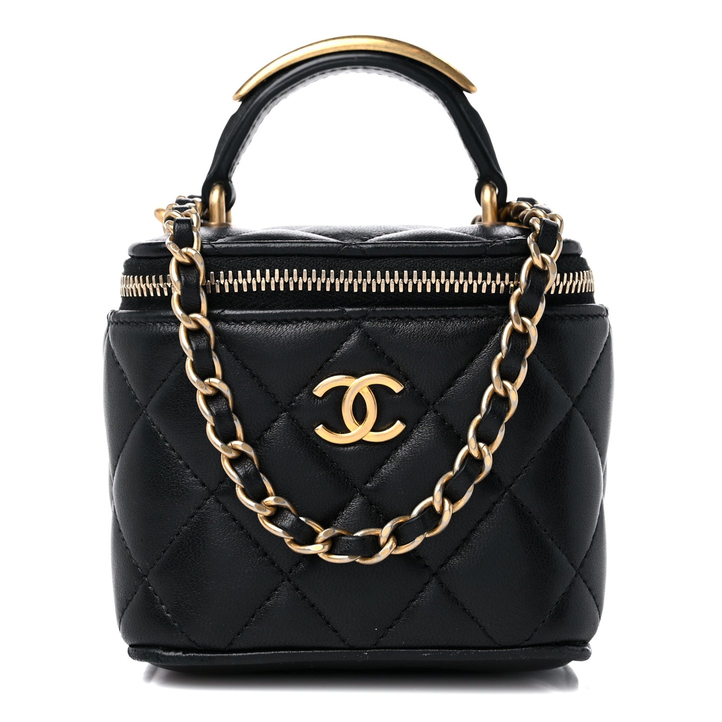 Lambskin Quilted Metal Mini Top Handle Vanity Case With Chain Black