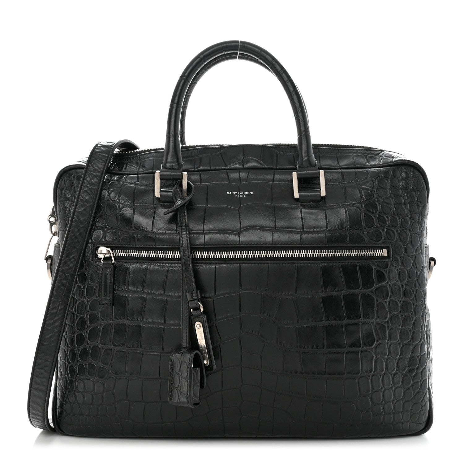 Saint Laurent Calfskin Crocodile Embossed Bold Briefcase Black 1 of 10