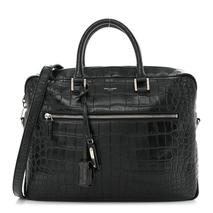 Saint Laurent Calfskin Crocodile Embossed Bold Briefcase Black 1 of 10