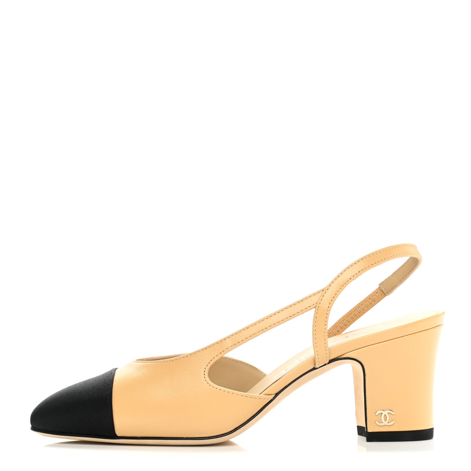 Chanel Goatskin Grosgrain Cap Toe CC Slingback Pumps 35 Beige Black 1 of 9