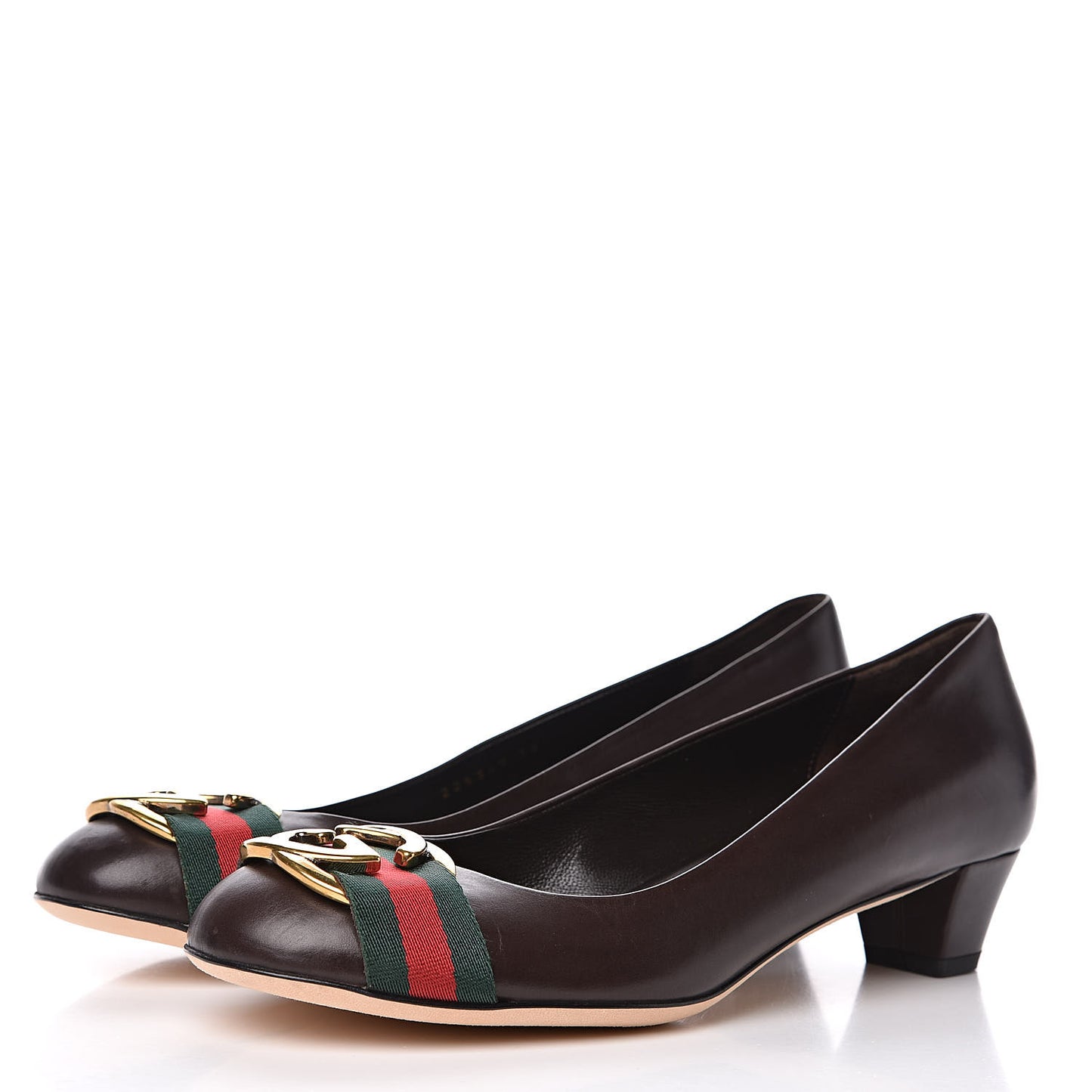 Calfskin Interlocking GG Web Mid Heel Pumps 38 Dark Cocoa