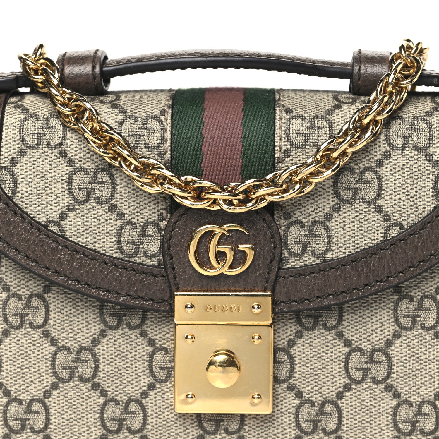 Gucci GG Supreme Monogram Textured Dollar Calfskin Web Mini Ophidia Padlock Top Handle Chain Shoulder Bag Beige Ebony New Acero 8 of 10