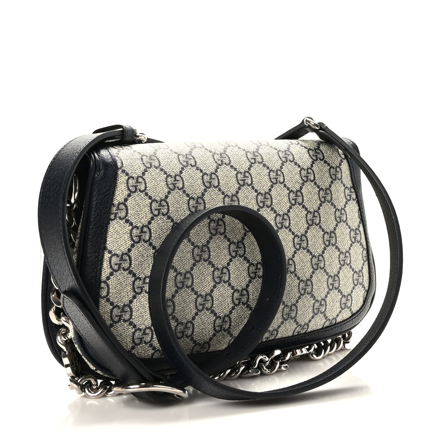 GG Supreme Monogram Textured Dollar Calfskin Blondie Chain Shoulder Flap Bag Beige Blue
