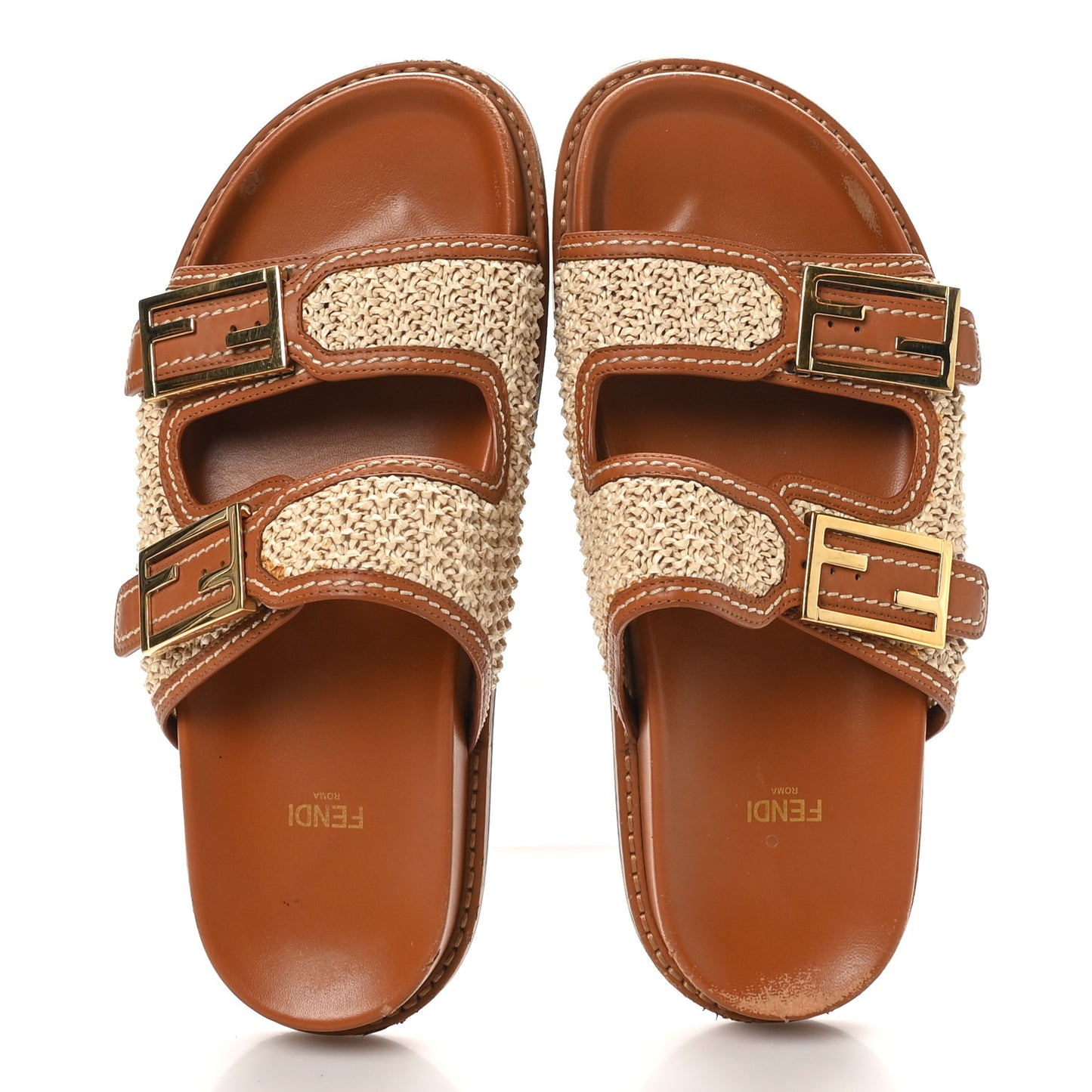 Raffia Vitello Womens Fendi Feel Buckled Slide Sandals 39 Paglia Brandy
