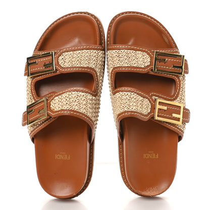 Fendi Raffia Vitello Womens Fendi Feel Buckled Slide Sandals 39 Paglia Brandy 2 of 11