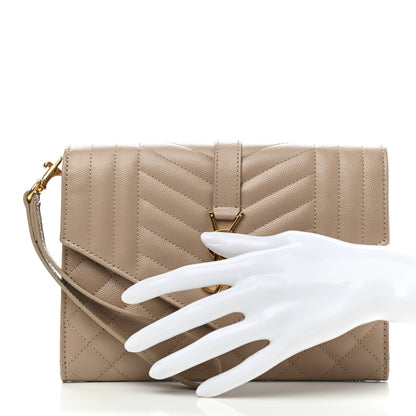 Saint Laurent Grain De Poudre Textured Mixed Matelasse Triquilt Monogram Clutch Dark Beige 2 of 11