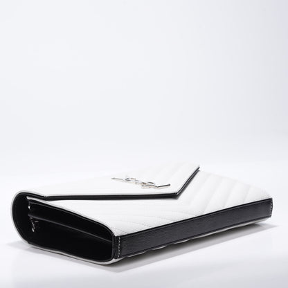 Saint Laurent Grain De Poudre Matelasse Bi-Color Chevron Monogram Chain Wallet White Black 3 of 9