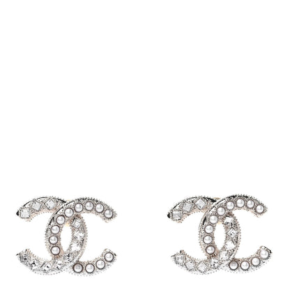 Chanel Crystal Pearl CC Earrings Silver 1 of 4