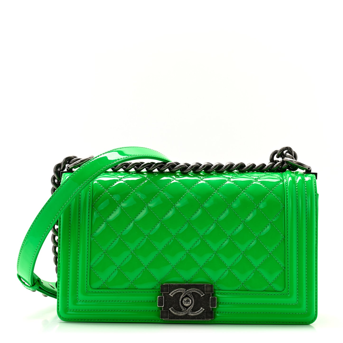 Patent Quilted Medium Boy Flap Green